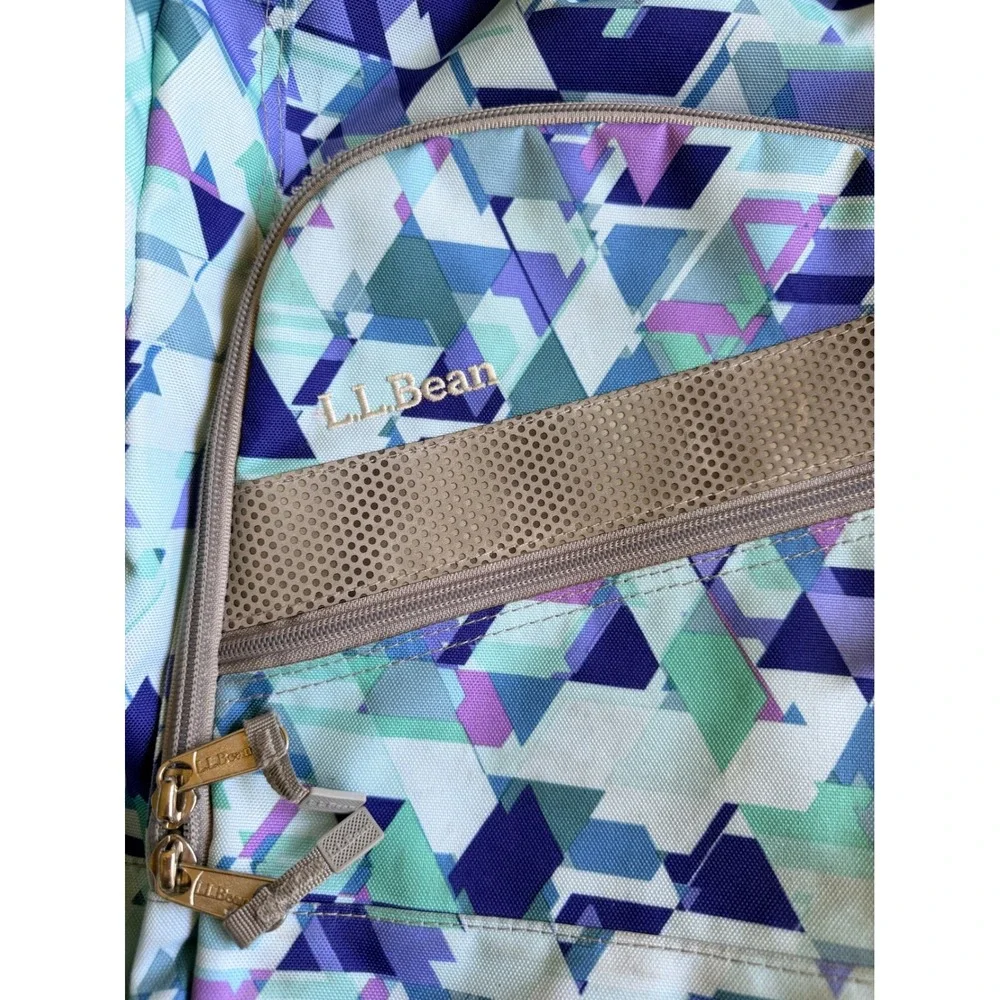 LL Bean Deluxe Backpack Blue Purple Geometric Triangle Print School Bag